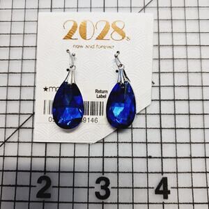 Earrings Pierced Dangle 2028 Blue Crystal Teardrop Silver Tone Prom NWT On Card